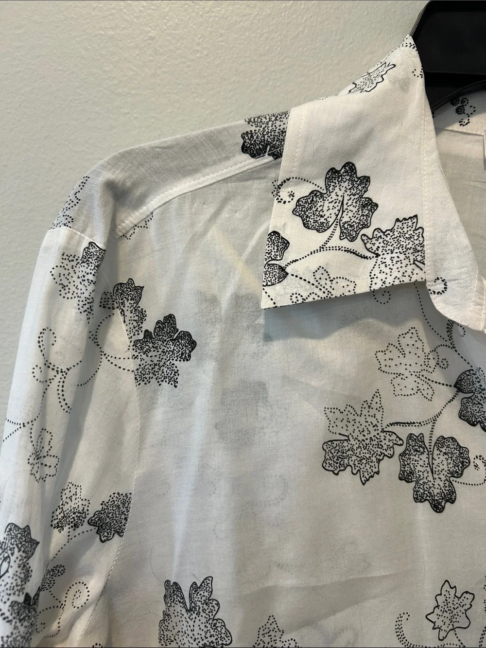 White Floral Button-Down Shirt with Black Vine Print